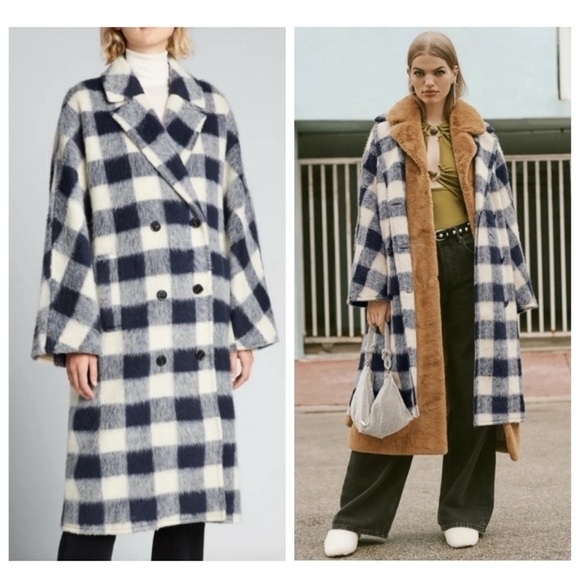 NWT STAND STUDIO Mikaela Double Breasted Checked Brushed Wool Blend Coat FR 44 - Picture 1 of 14